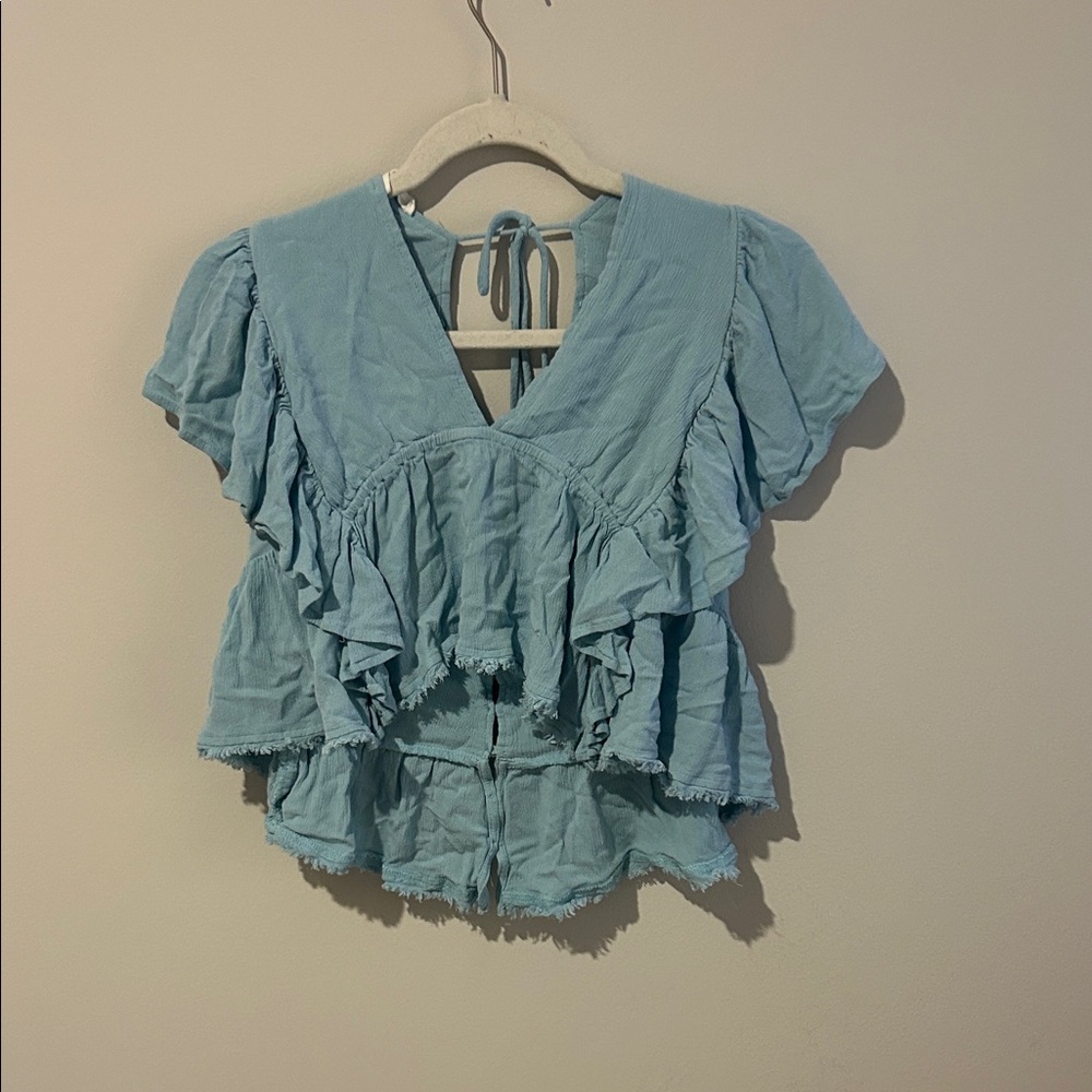 Newbury Kustom Light Blue Ruffled Blouse